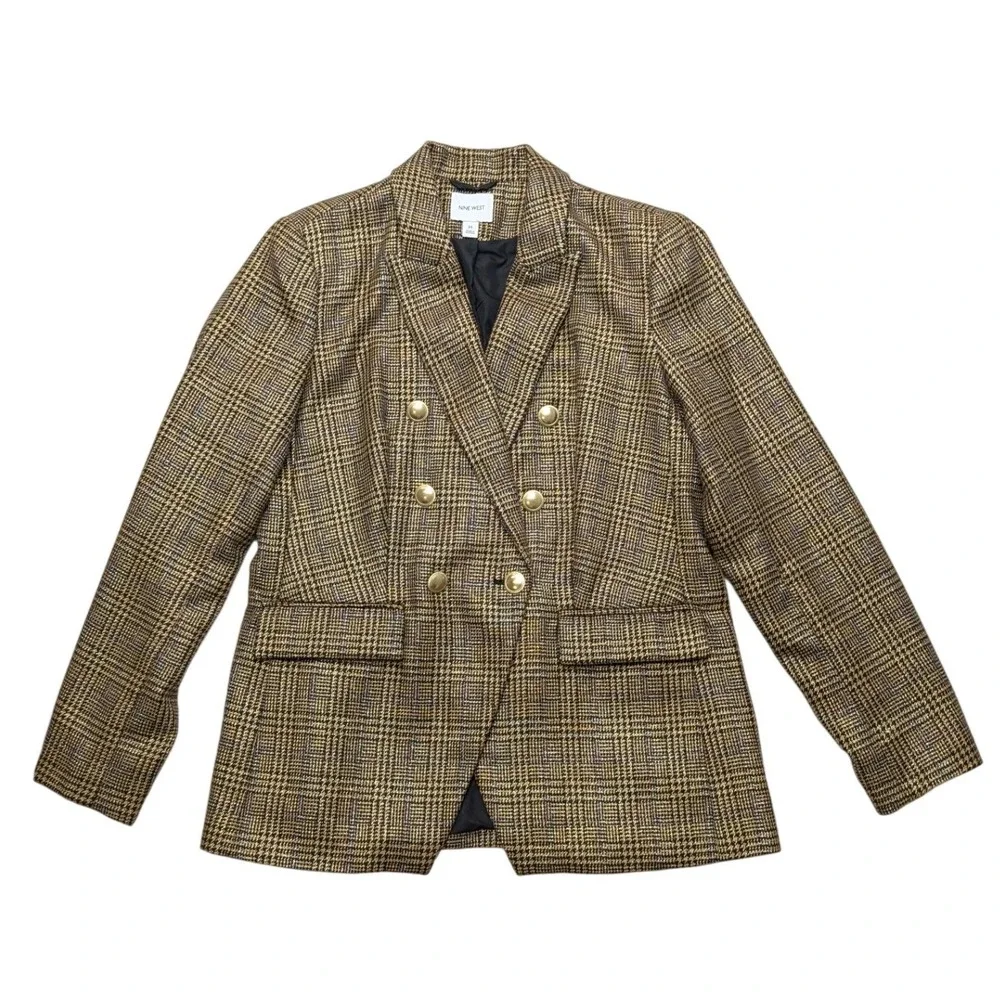 Nine West Blazer Womens Medium Brown Glen Plaid Double Breasted Metallic Gold